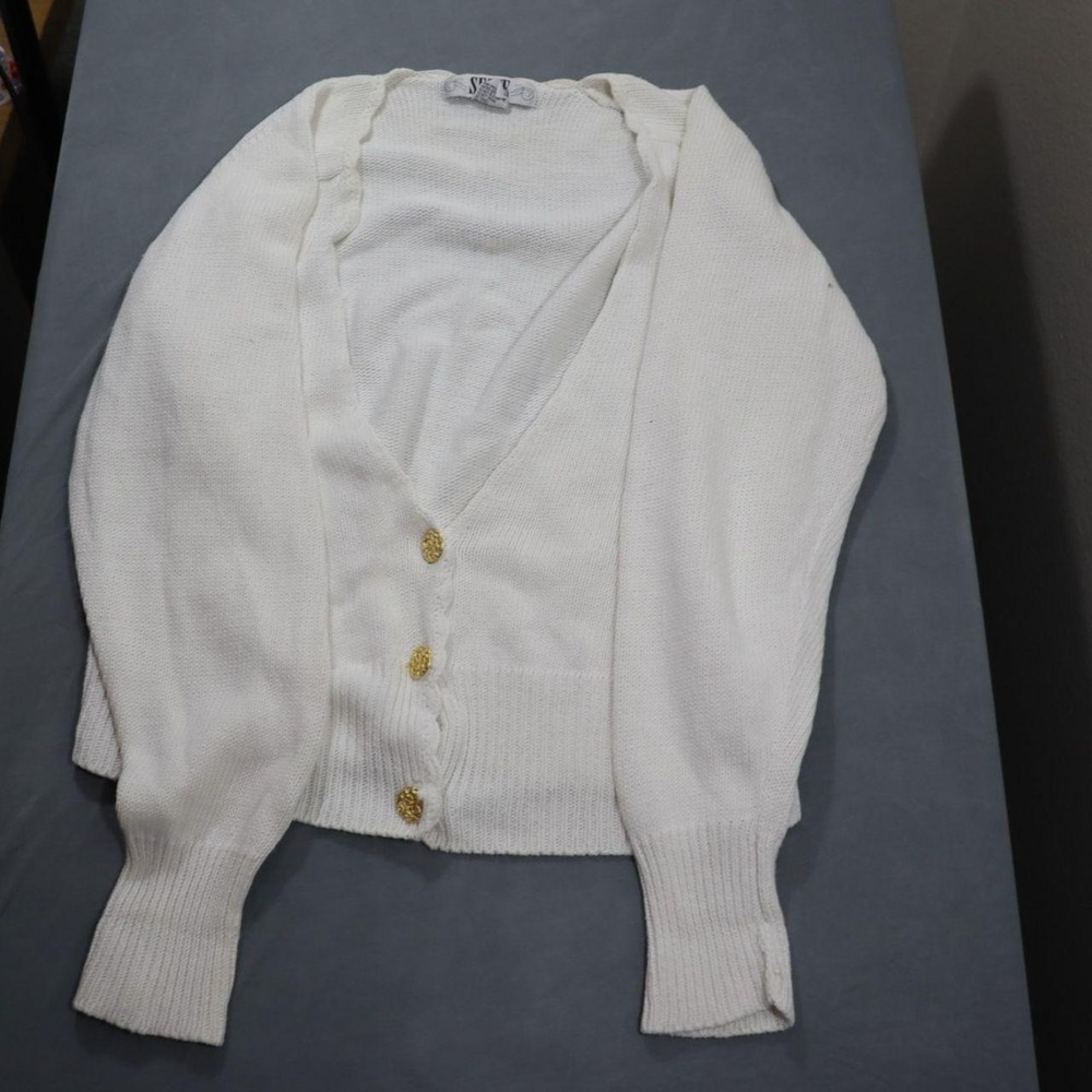 Vintage Segue Cropped Cardigan Off White Gold Buttons Ramie Cotton Knit M